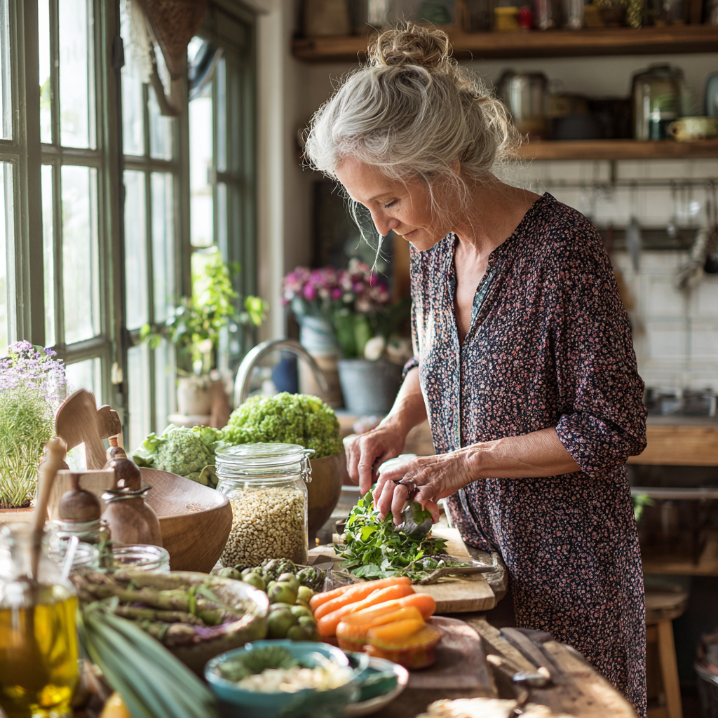 Mature adult preparing healthy balanced meal with fresh vegetables and grains