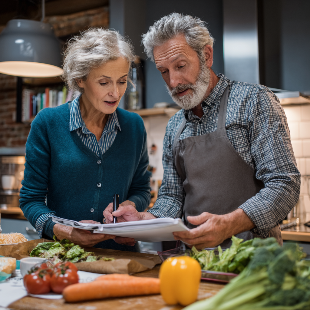 Middle-aged nutrition specialist consulting with senior adult about healthy meal planning